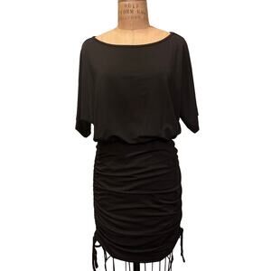 Women's Black Blouson Short Sleeve Ruched Tie Sides Mini Dress NWT Size L
